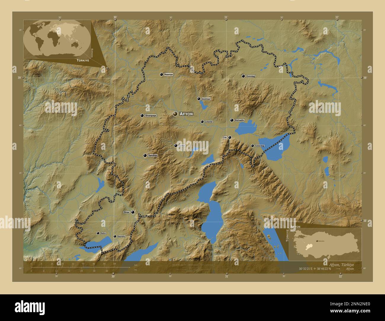 Afyon, province of Turkiye. Colored elevation map with lakes and rivers ...