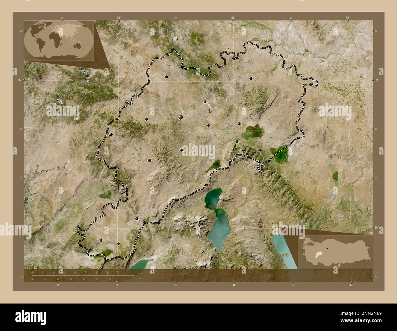 Afyon, province of Turkiye. Low resolution satellite map. Locations of ...