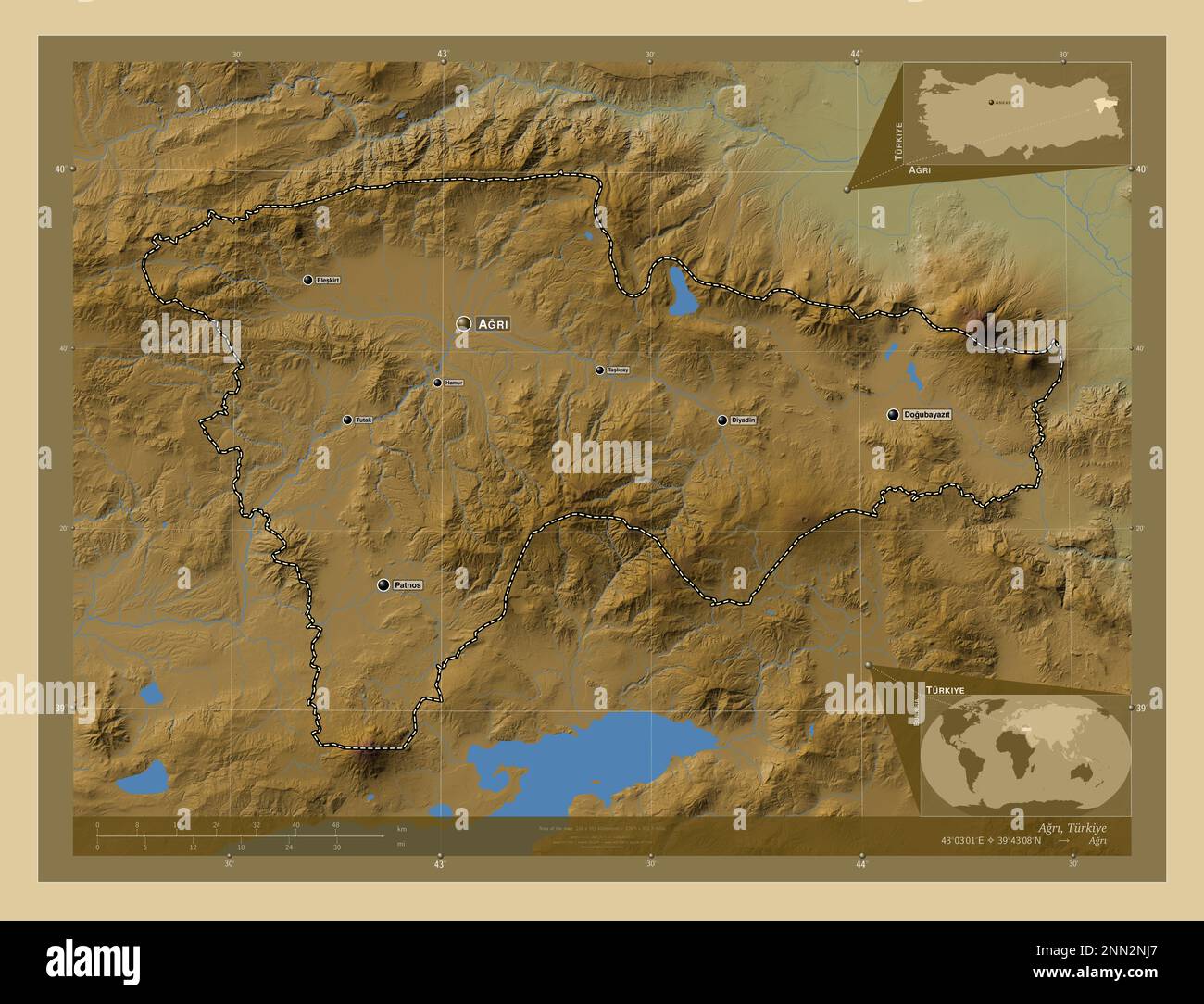 Turkiye Rivers Agr, province of Turkiye. Colored elevation map with lakes and rivers ...