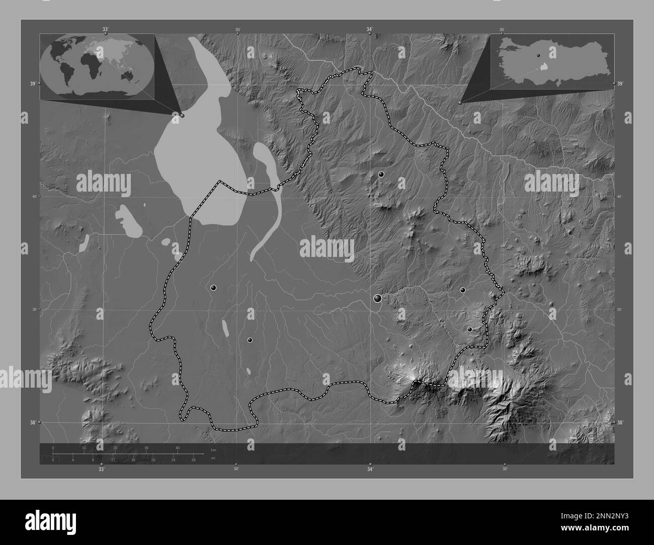 Aksaray, province of Turkiye. Bilevel elevation map with lakes and ...