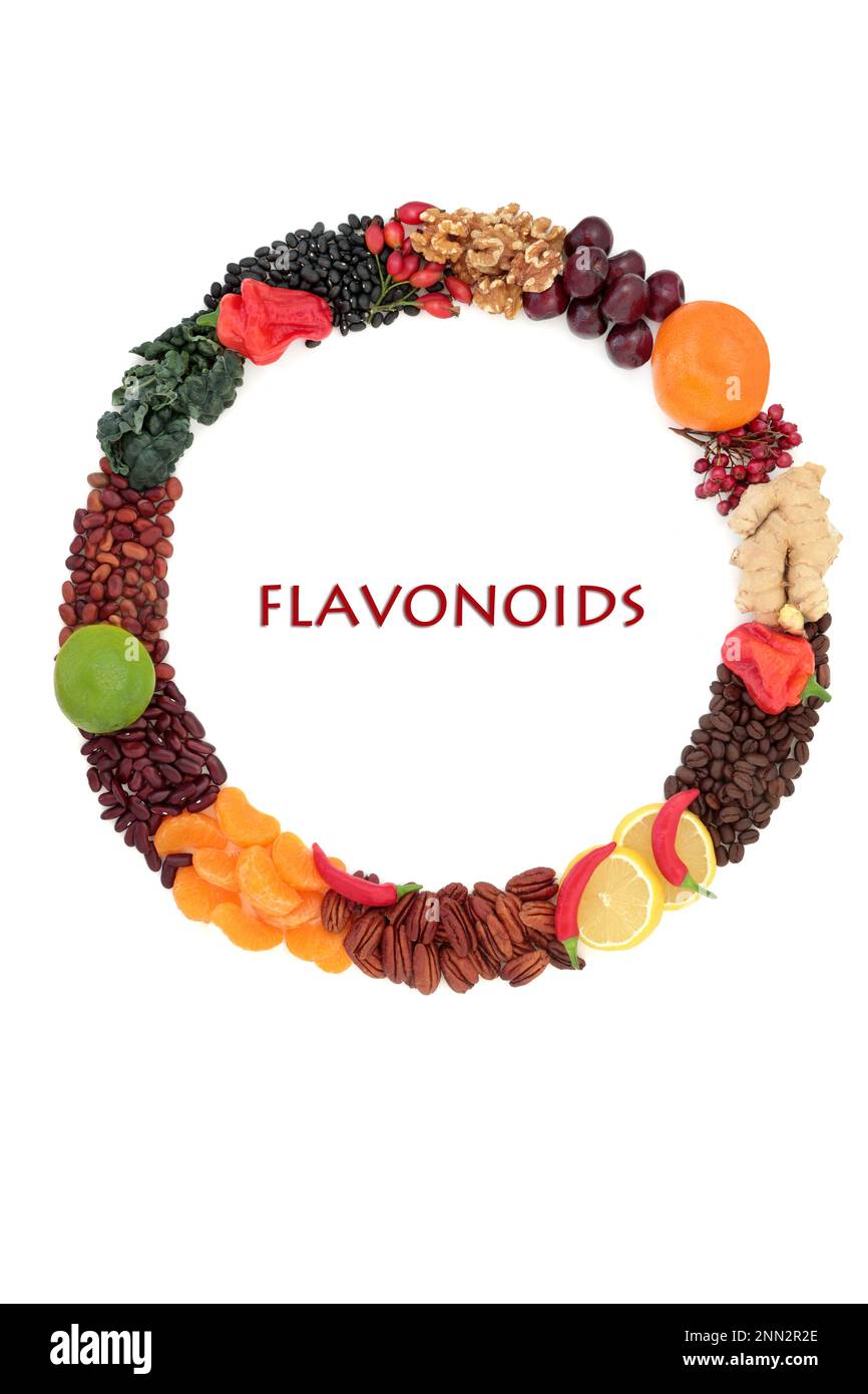 Health food wreath high in nutrients of flavonoids polyphenols antioxidants anthocyanins lycopene vitamins proteins bio flavonoids minerals fibre. Stock Photo
