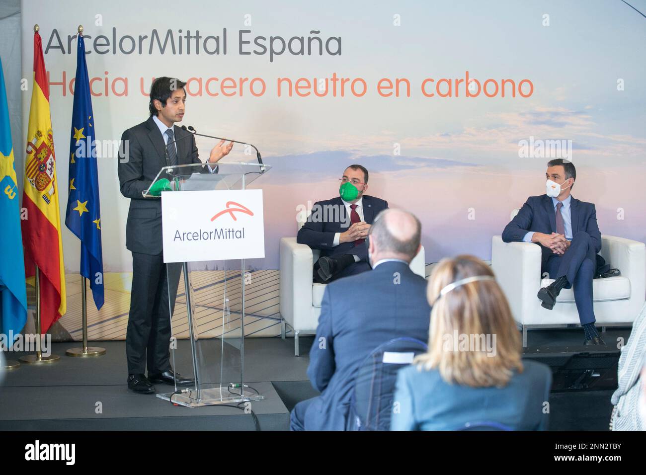 ArcelorMittal CEO Aditya Mittal speaks at the presentation of the  decarbonisation roadmap for steelmaking at the ArcelorMittal factory on 13  July 2021 in Gijón, Asturias, Spain. With decarbonisation, the Asturian  plants aim