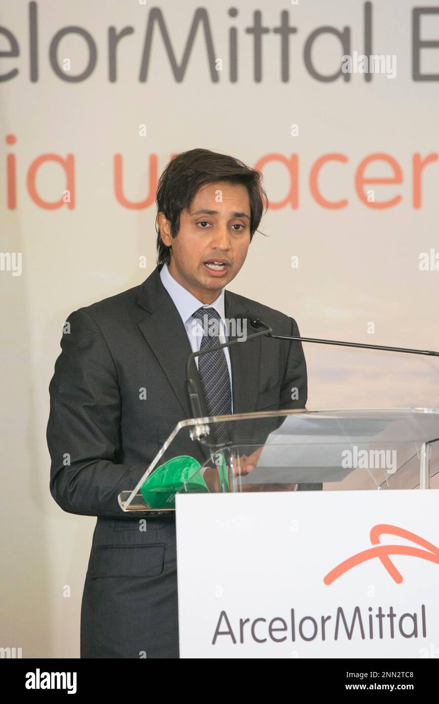 ArcelorMittal CEO Aditya Mittal speaks at the presentation of the  decarbonisation roadmap for steelmaking at the ArcelorMittal factory on 13  July 2021 in Gijón, Asturias, Spain. With decarbonisation, the Asturian  plants aim