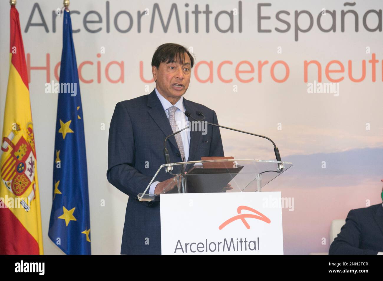 ArcelorMittal CEO Aditya Mittal speaks at the presentation of the  decarbonisation roadmap for steelmaking at the ArcelorMittal factory on 13  July 2021 in Gijón, Asturias, Spain. With decarbonisation, the Asturian  plants aim