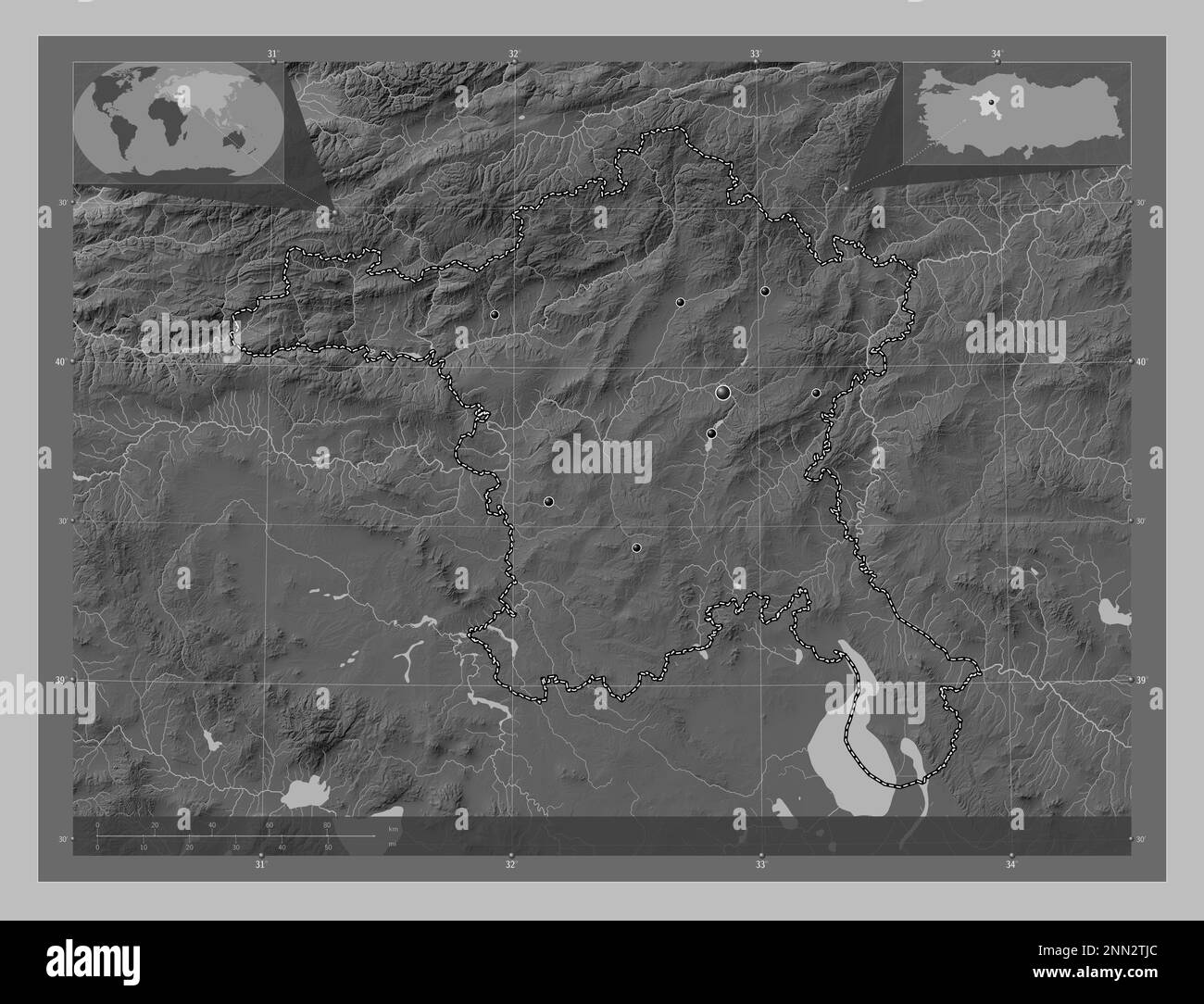 Ankara, province of Turkiye. Grayscale elevation map with lakes and ...