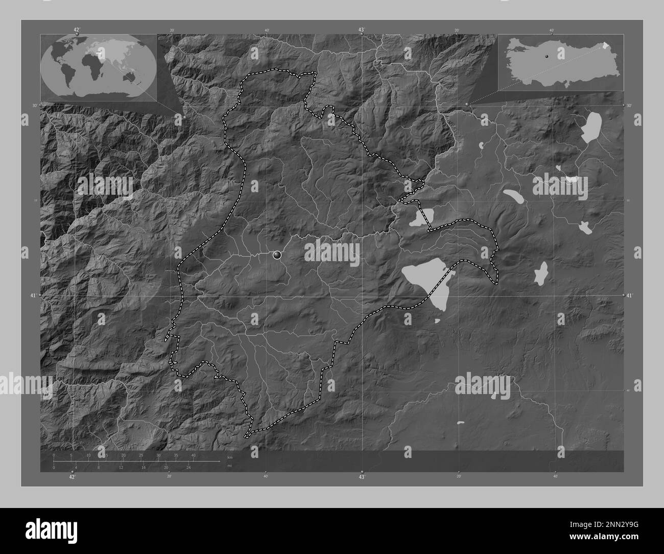 Ardahan, province of Turkiye. Grayscale elevation map with lakes and rivers. Corner auxiliary location maps Stock Photo