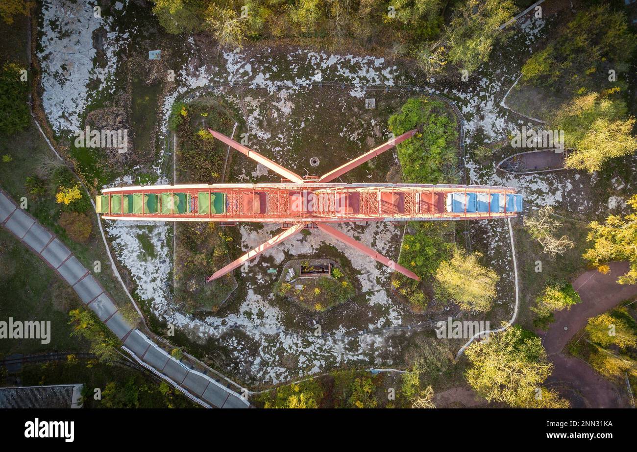 Ferris wheel of Spreepark Plänterwald Berlin (2018). Top down view. Drone pics. Stock Photo