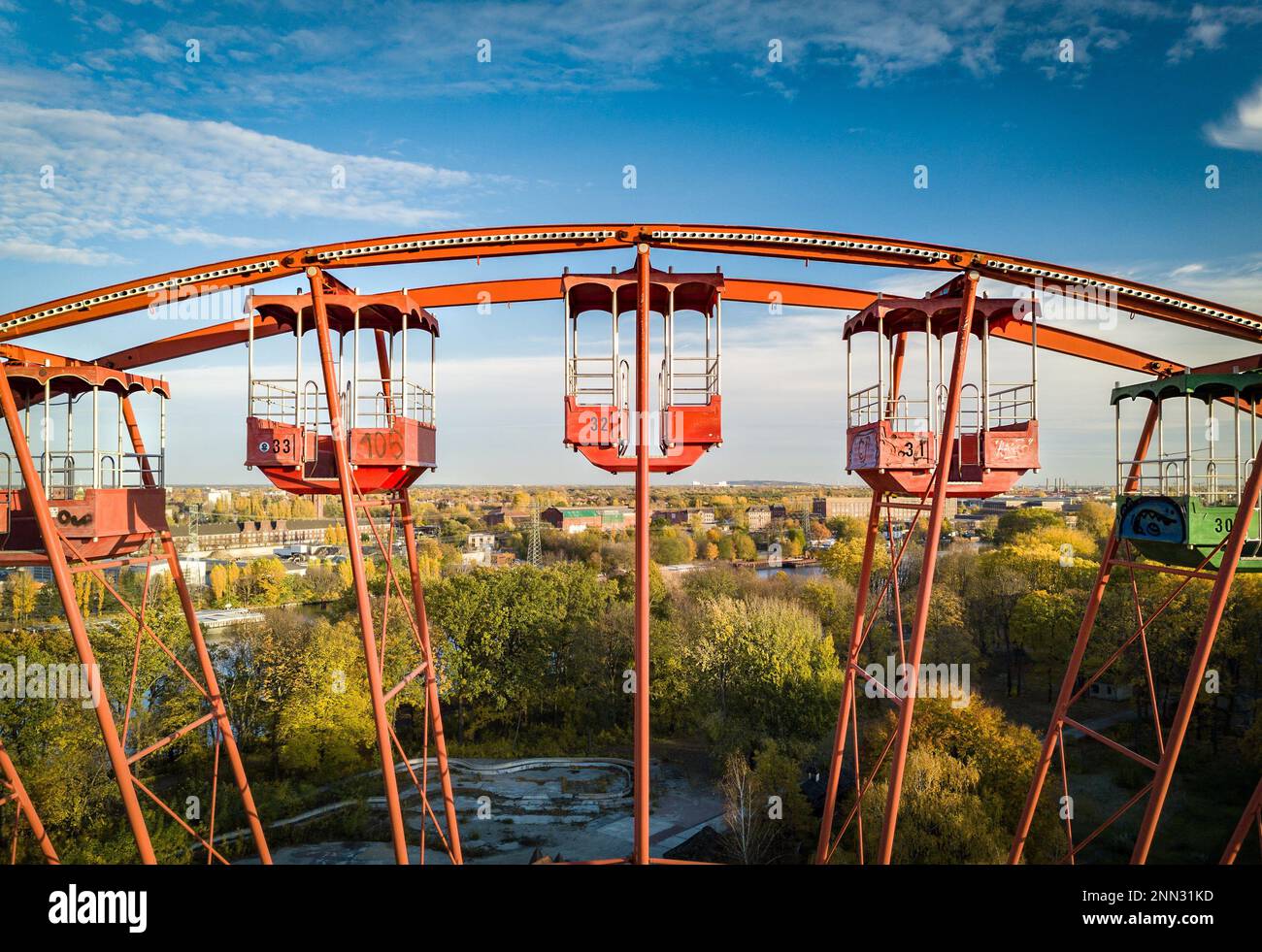 Ferris wheel of Spreepark Plänterwald Berlin (2018). Near view. Drone pics. Stock Photo