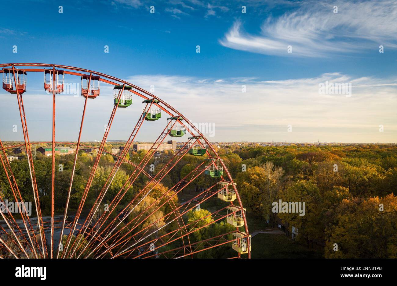 Ferris wheel of Spreepark Plänterwald Berlin (2018). Drone pics. Stock Photo