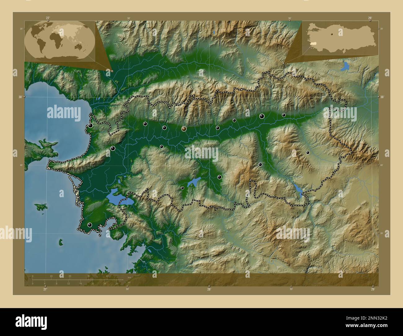 Turkiye Rivers Aydin, province of Turkiye. Colored elevation map with lakes and rivers ...
