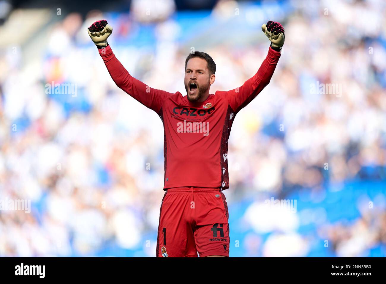 Alejandro Remiro of Real Sociedad in action during the La Liga Santander match between Real Sociedad and RC Celta CF at Reale Arena Stadium on Februar Stock Photo