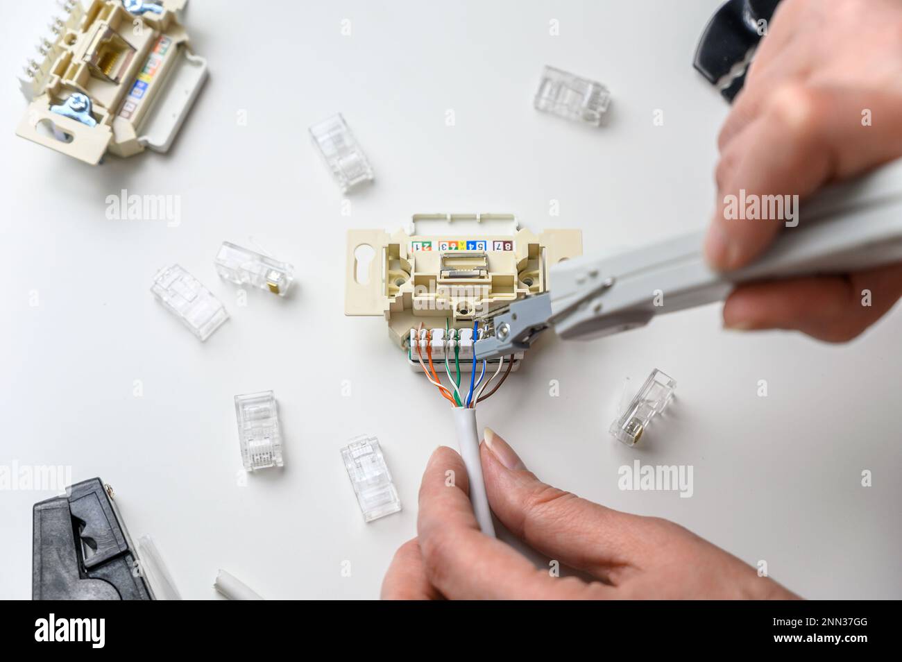 Mounting the RJ45 module, attaching the wire to the computer socket in the room. Stock Photo