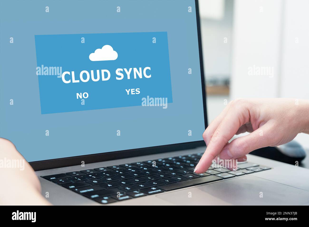 Upload, download or sync. Cloud service for storing files and online backup. Using modern wireless technologies. Stock Photo