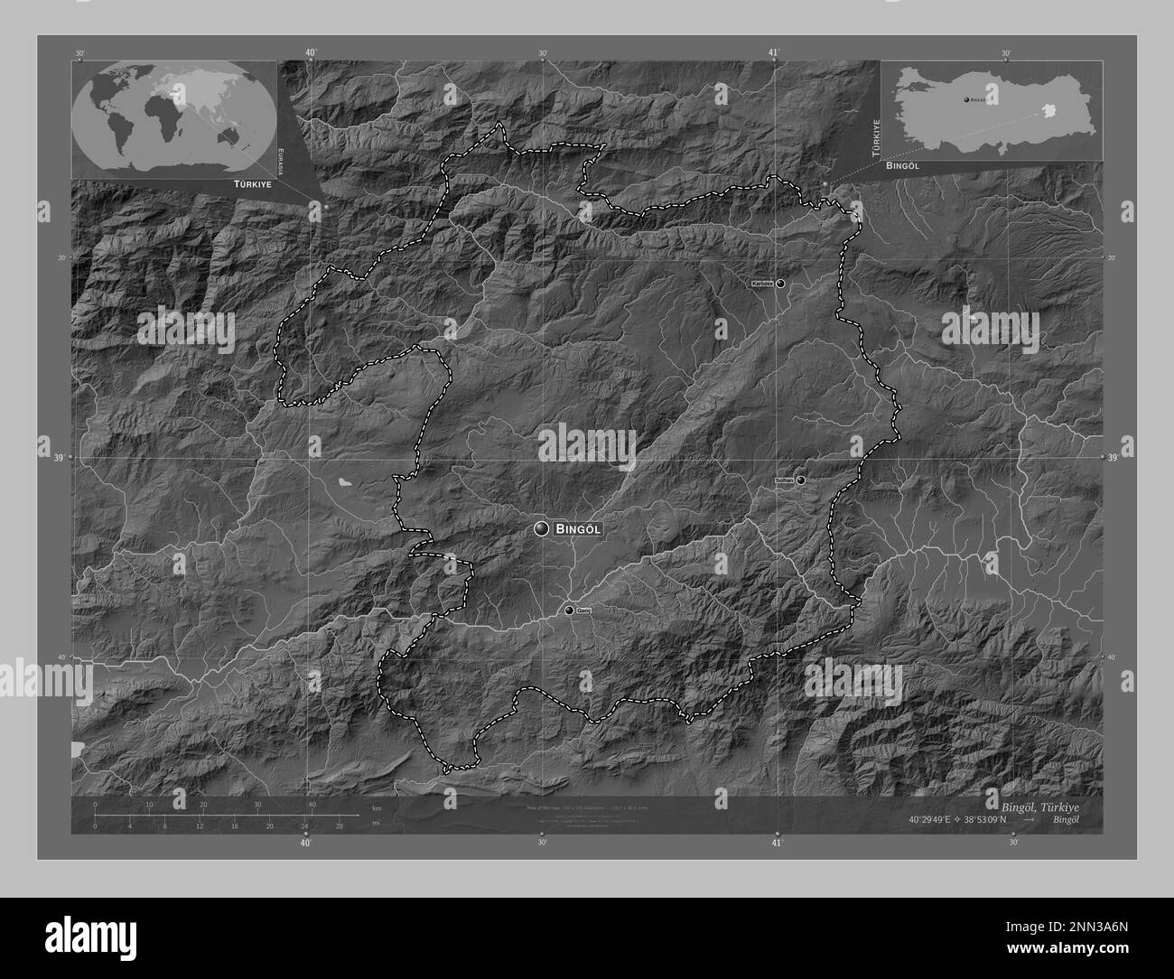Bingol, province of Turkiye. Grayscale elevation map with lakes and rivers. Locations and names of major cities of the region. Corner auxiliary locati Stock Photo