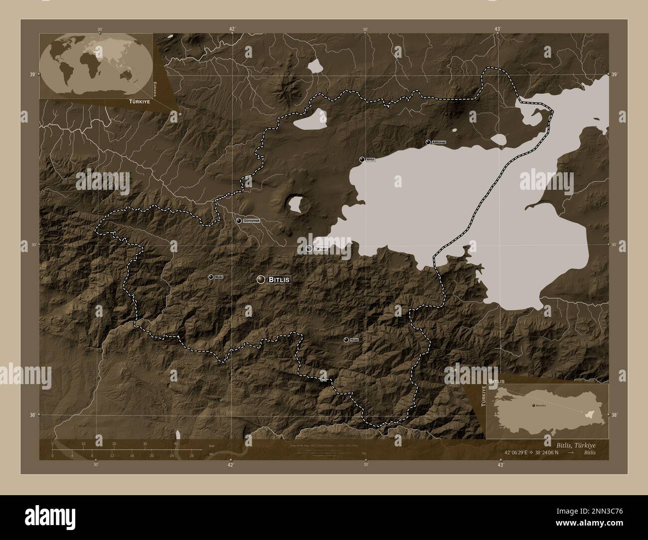 Bitlis, province of Turkiye. Elevation map colored in sepia tones with ...