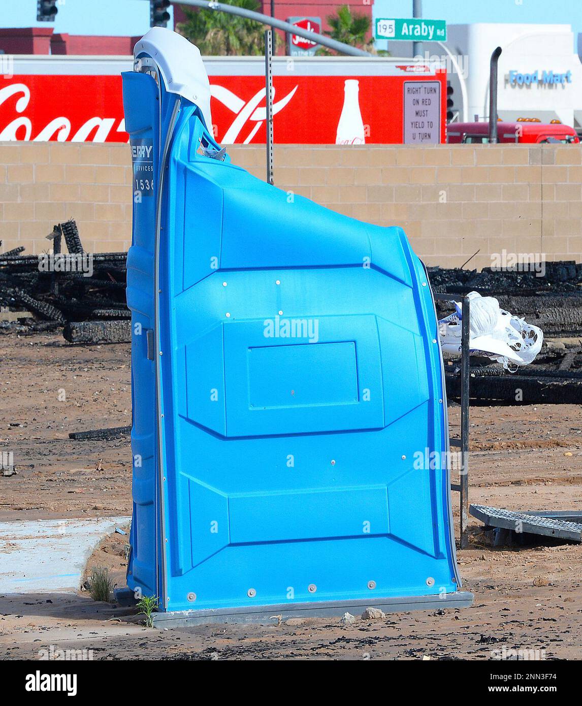 A portable toilet shows the effects, Thursday, June 10, 2021, of being positioned too close to a