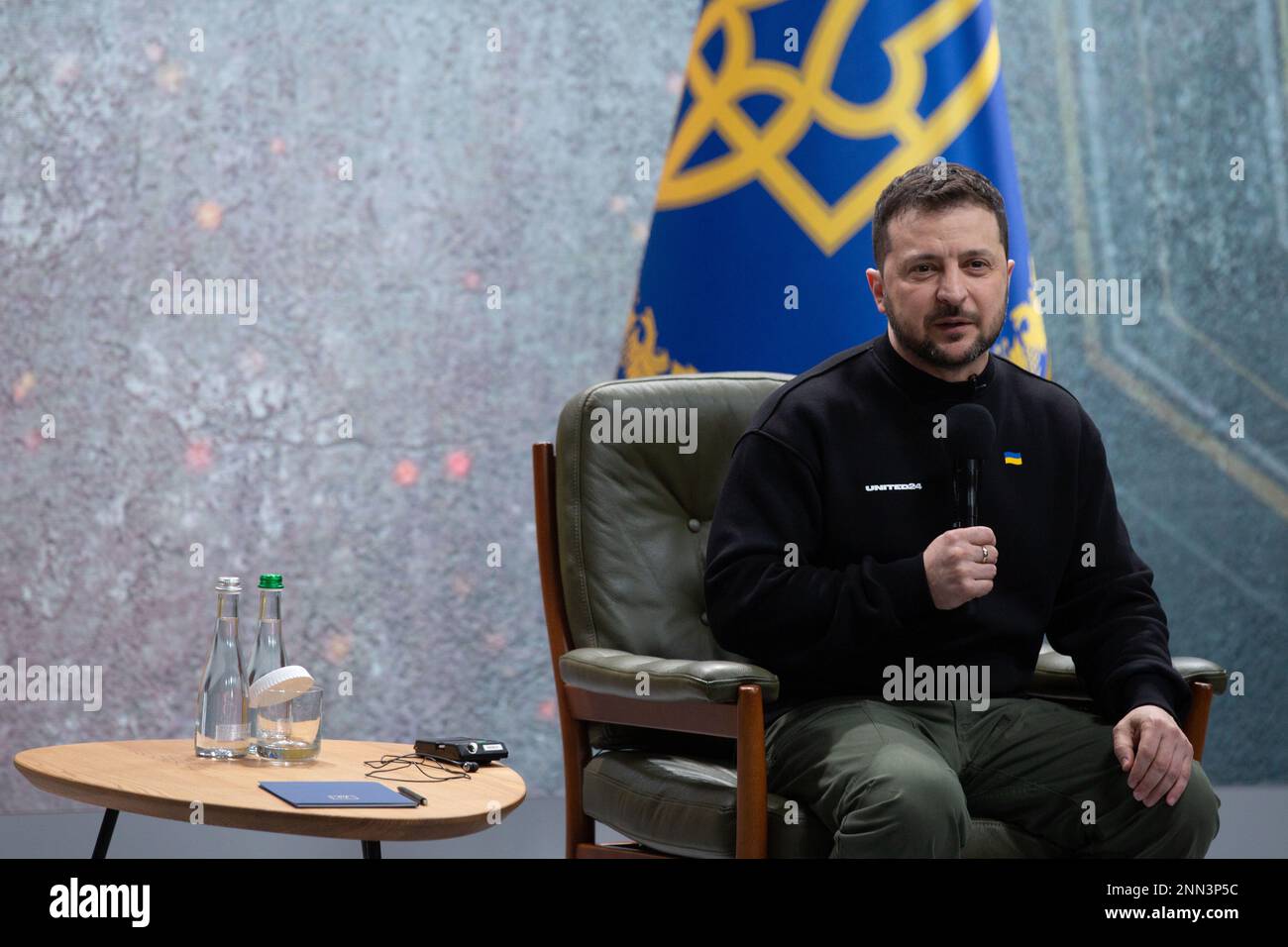 Kyiv, Ukraine. 24th Feb, 2023. Ukrainian President Volodymyr Zelenskiy attends a news conference on the first anniversary of the Russian invasion of Ukraine in Kyiv. Credit: SOPA Images Limited/Alamy Live News Stock Photo