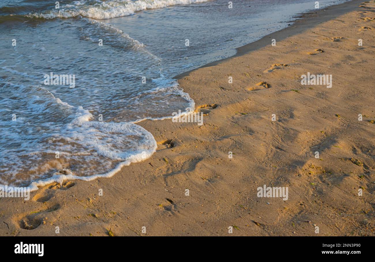 Footprints of a man on the yellow beach sand from walking barefoot by the sea with water that washes away the footprints. Contemplation of life Stock Photo