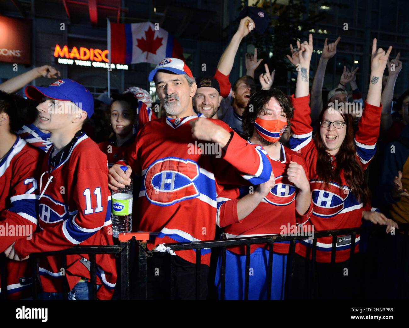 Two Nordiques fans, Gabriel Beaurivage, left, and Henri Richard Godin,  gather with others outside the Pepsi Colisee as approximately 15,000 people  bought tickets to watch the NHL hockey game between the Montreal