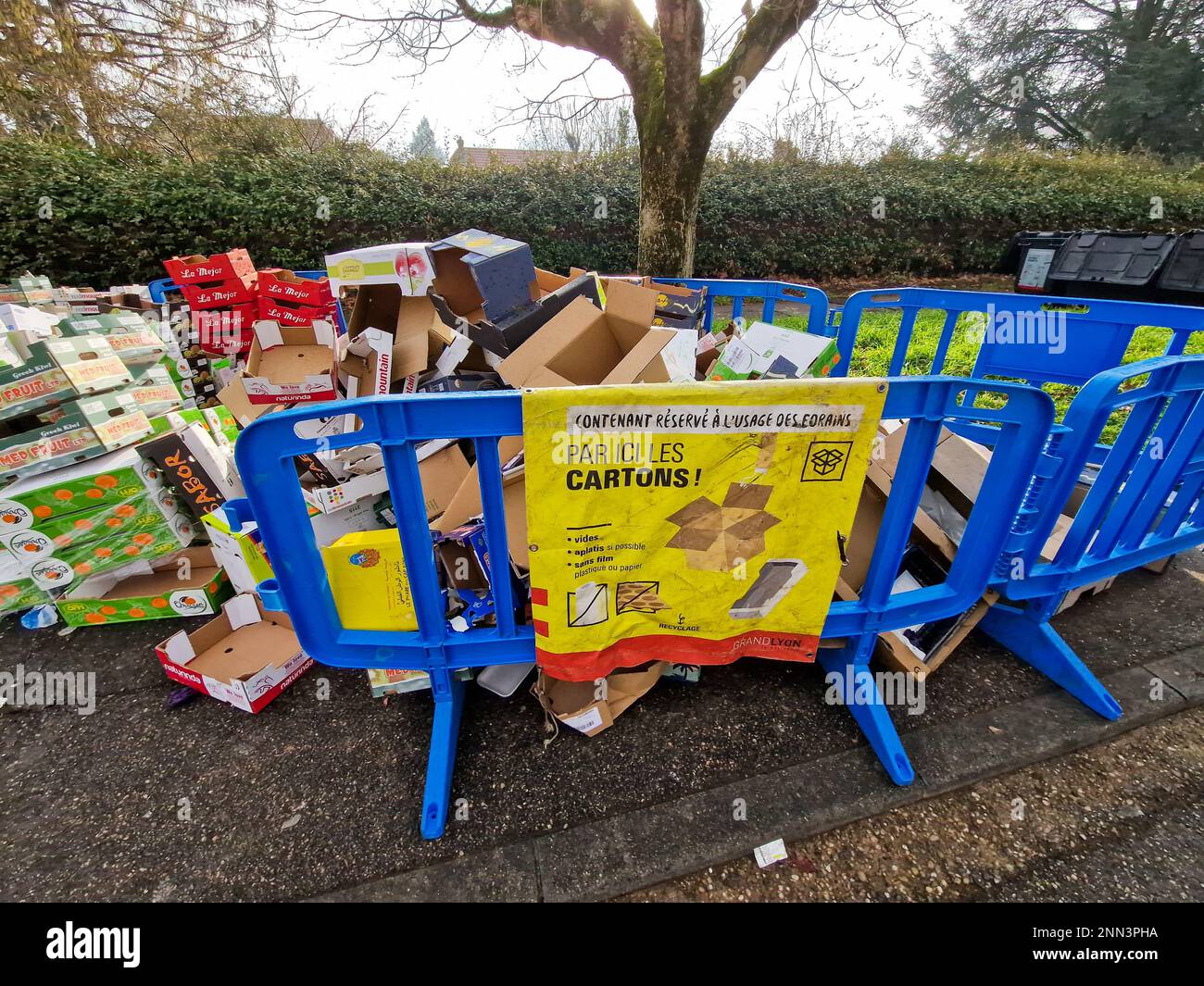 Cardboard collection point near a market, Bron, France Stock Photo Alamy
