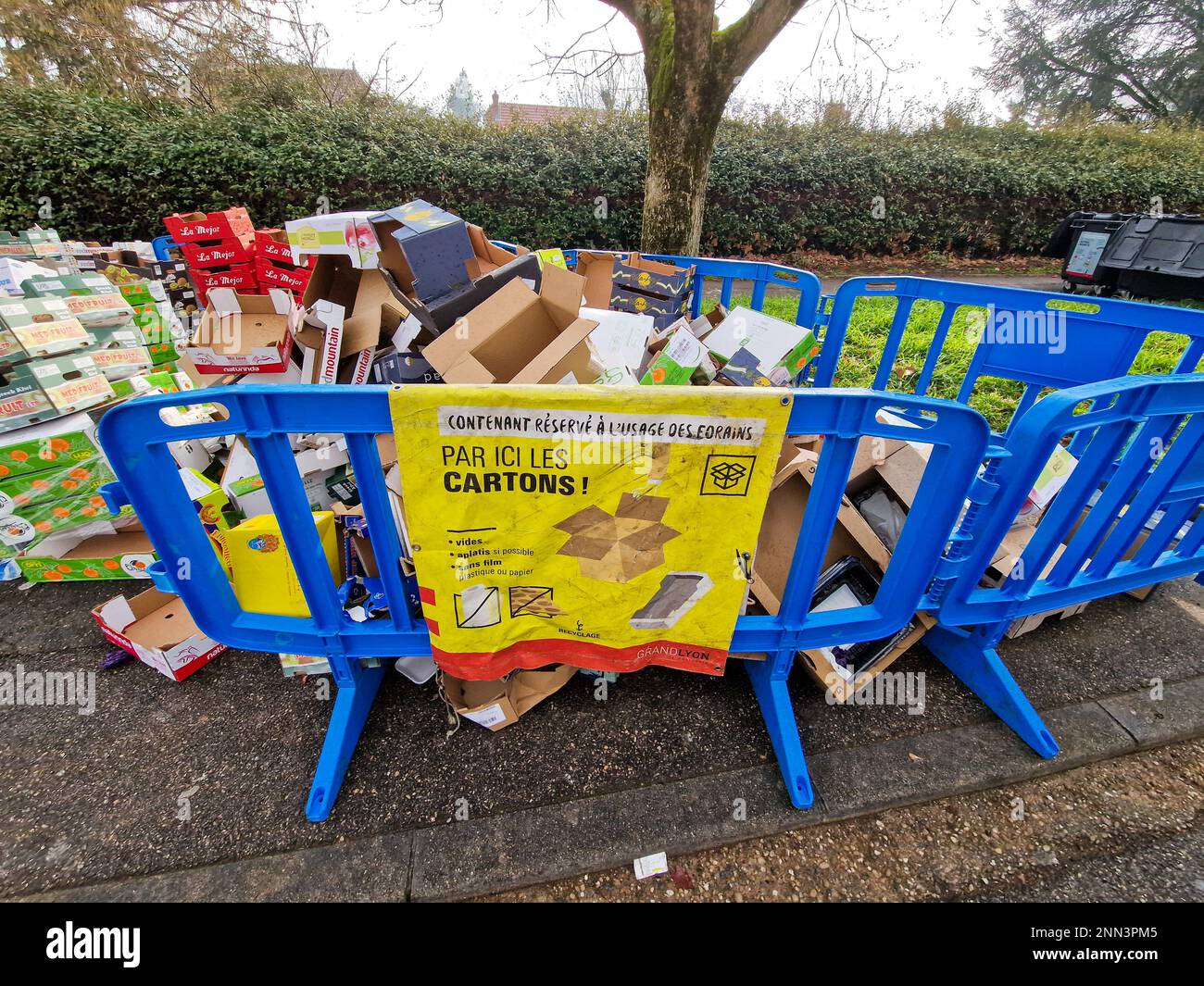 Cardboard collection point near a market, Bron, France Stock Photo Alamy