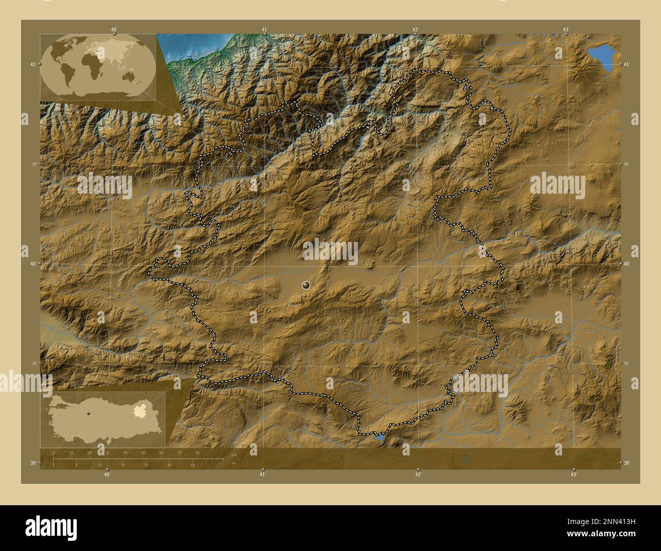 Turkiye Rivers Erzurum, province of Turkiye. Colored elevation map with lakes and ...