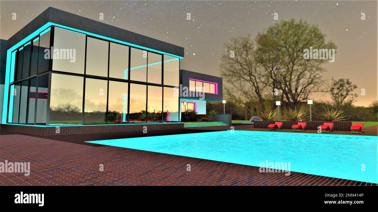 Quiet calm environment near the swimming pool in front of the stylish mansion glass facade reflecting the night lights of the distant village. 3d rend Stock Photo