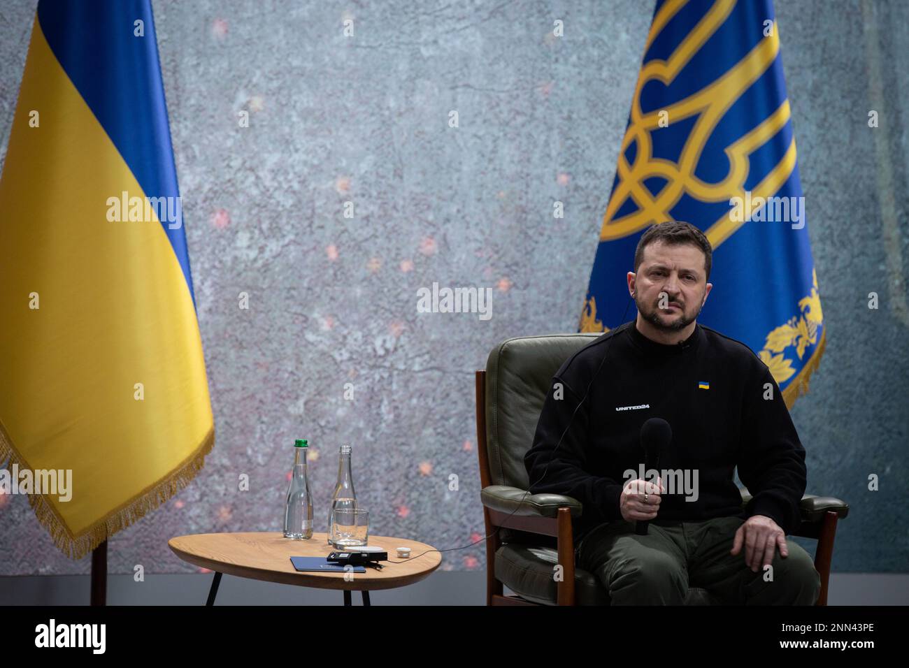 Kyiv, Ukraine. 24th Feb, 2023. Ukrainian President Volodymyr Zelenskiy attends a news conference on the first anniversary of the Russian invasion of Ukraine in Kyiv. (Photo by James McGill/SOPA Images/Sipa USA) Credit: Sipa USA/Alamy Live News Stock Photo
