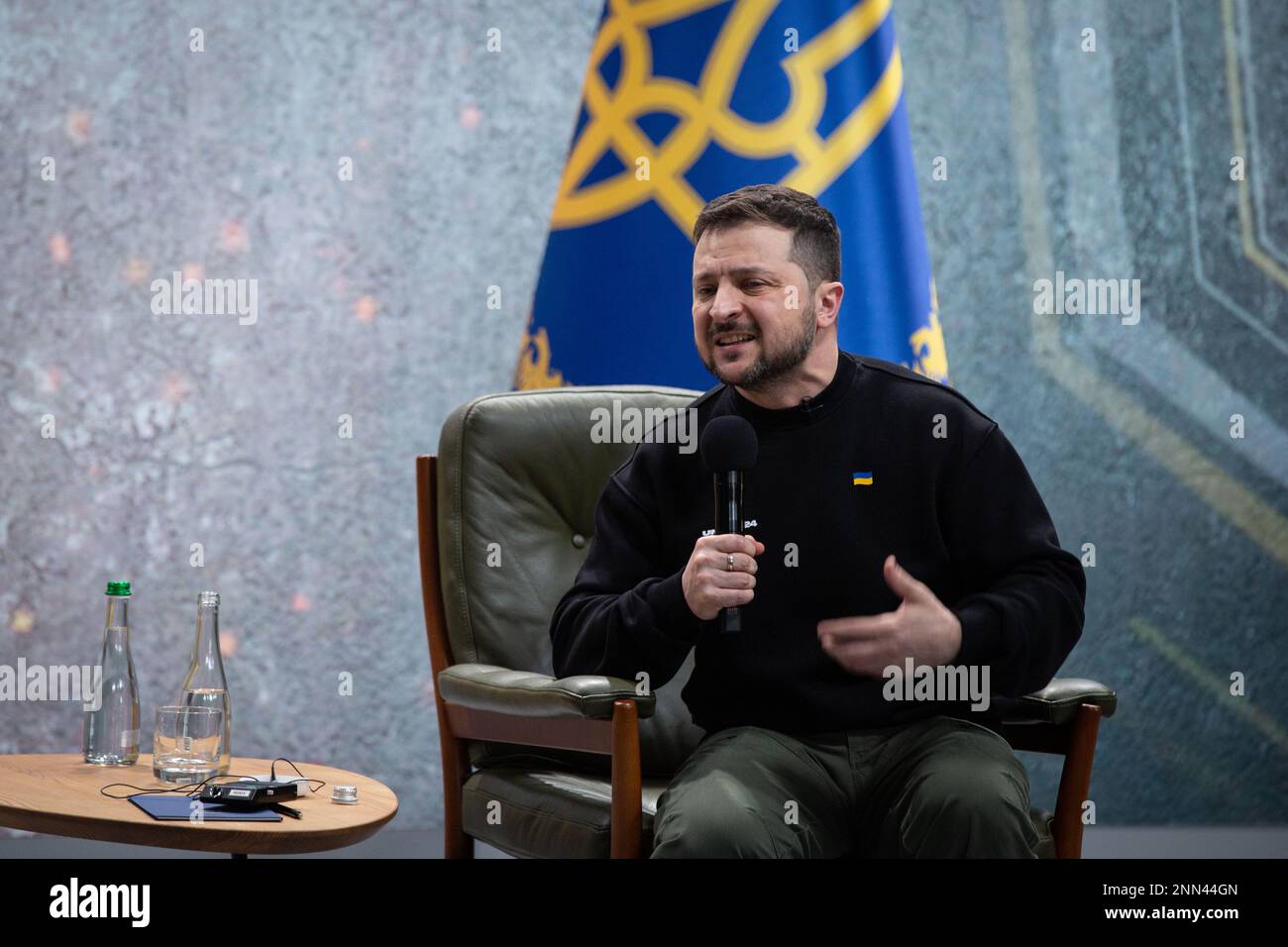 Kyiv, Ukraine. 24th Feb, 2023. Ukrainian President Volodymyr Zelenskiy attends a news conference on the first anniversary of the Russian invasion of Ukraine in Kyiv. (Photo by James McGill/SOPA Images/Sipa USA) Credit: Sipa USA/Alamy Live News Stock Photo