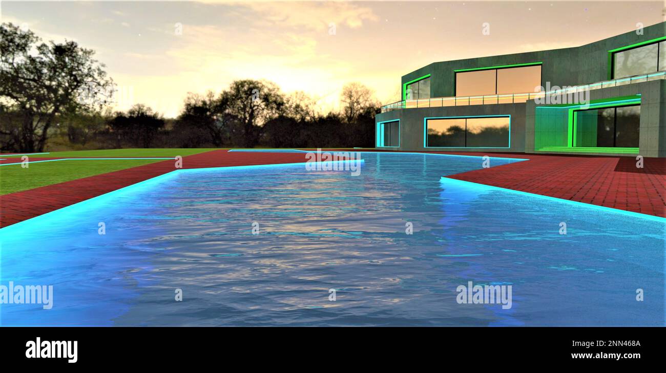 Luminous surface of the stunning swimming pool in front of the entry with illuminated steps to the suburban estate built in the eco-friendly village. Stock Photo