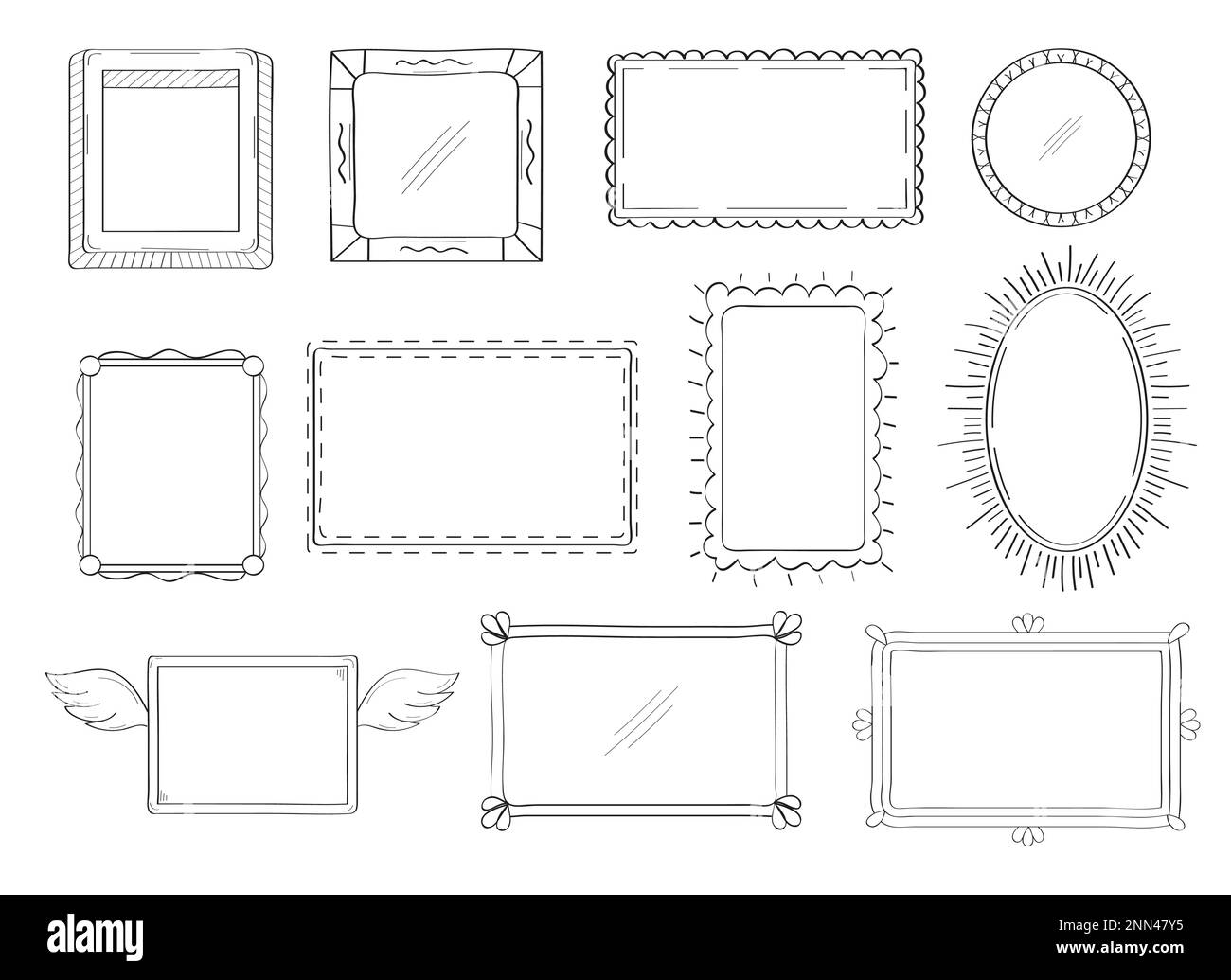 Frames, mirror set in hand drawn style. Vintage image frame doodle