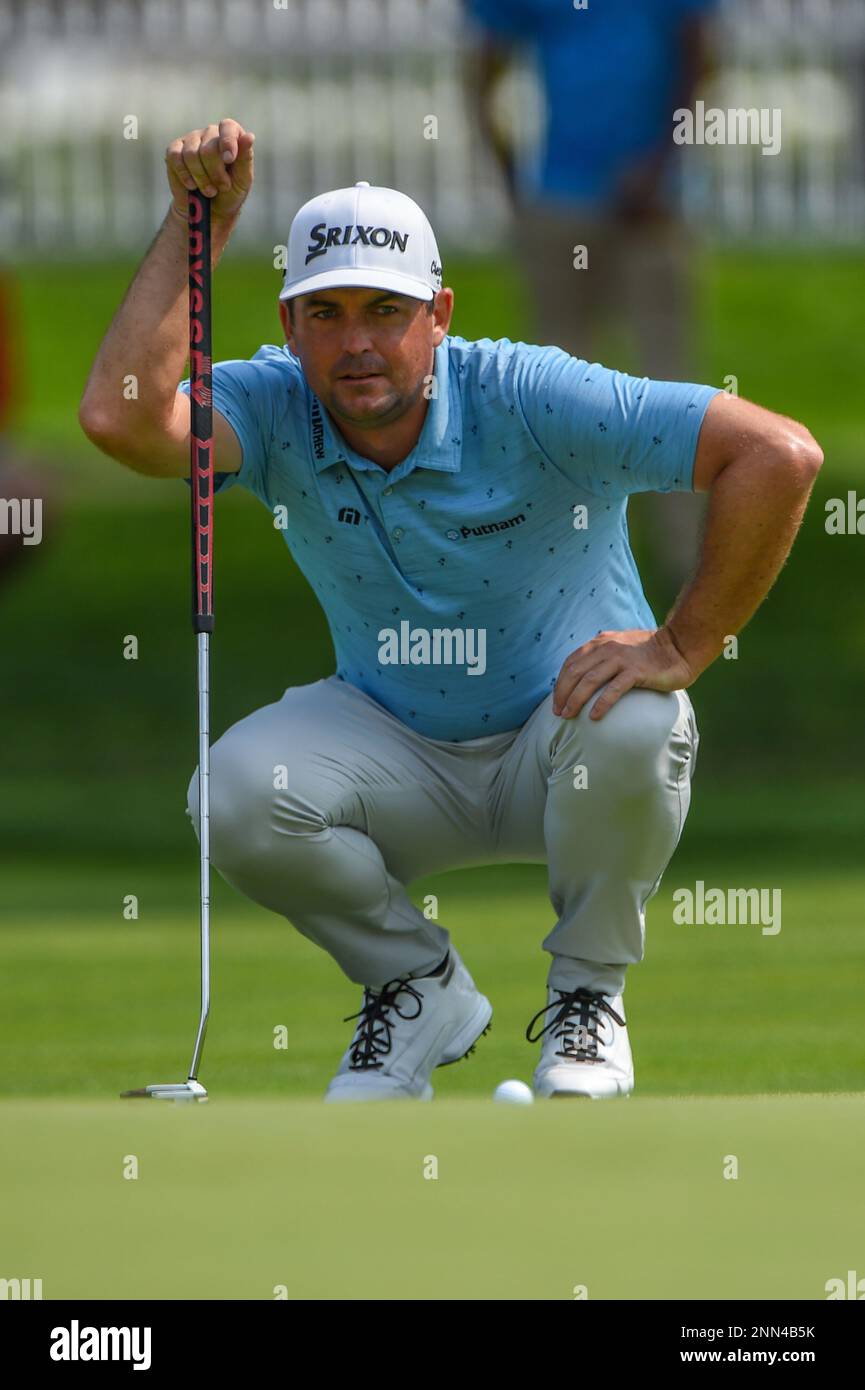 DETROIT, MI - JULY 03: Keegan Bradley (USA) lines up his birdie putt on 2  during the Rocket Mortgage Classic Rd3 at Detroit Golf Club on July 3, 2021  in Detroit, Michigan. (