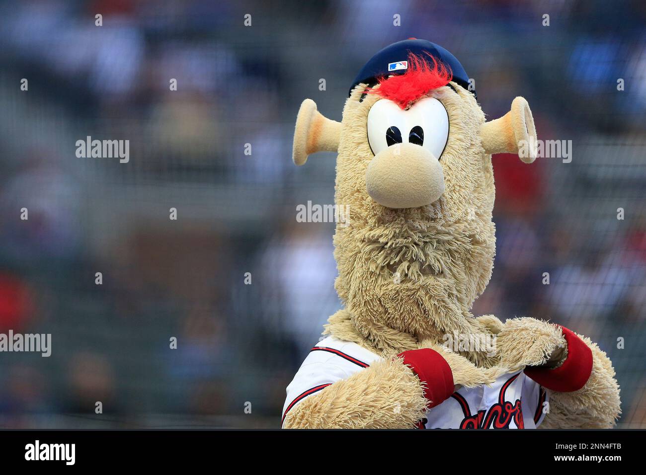 ATLANTA, GA - JULY 01: Braves Mascot Blooper entertains the fans during the  Thursday night MLB game between the Atlanta Braves and the New York Mets on  July 01, 2021 at Truist