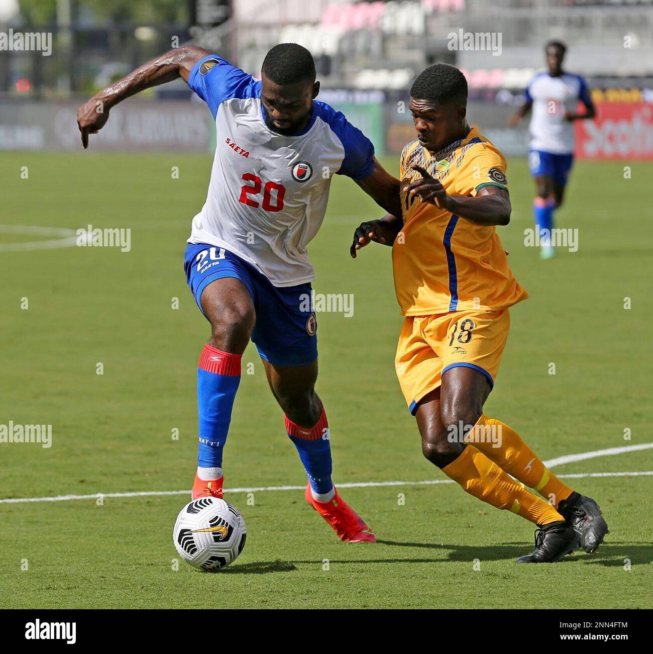 Haiti's Frantzdy Pierrot (20) and Saint Vincent and the Grenadines
