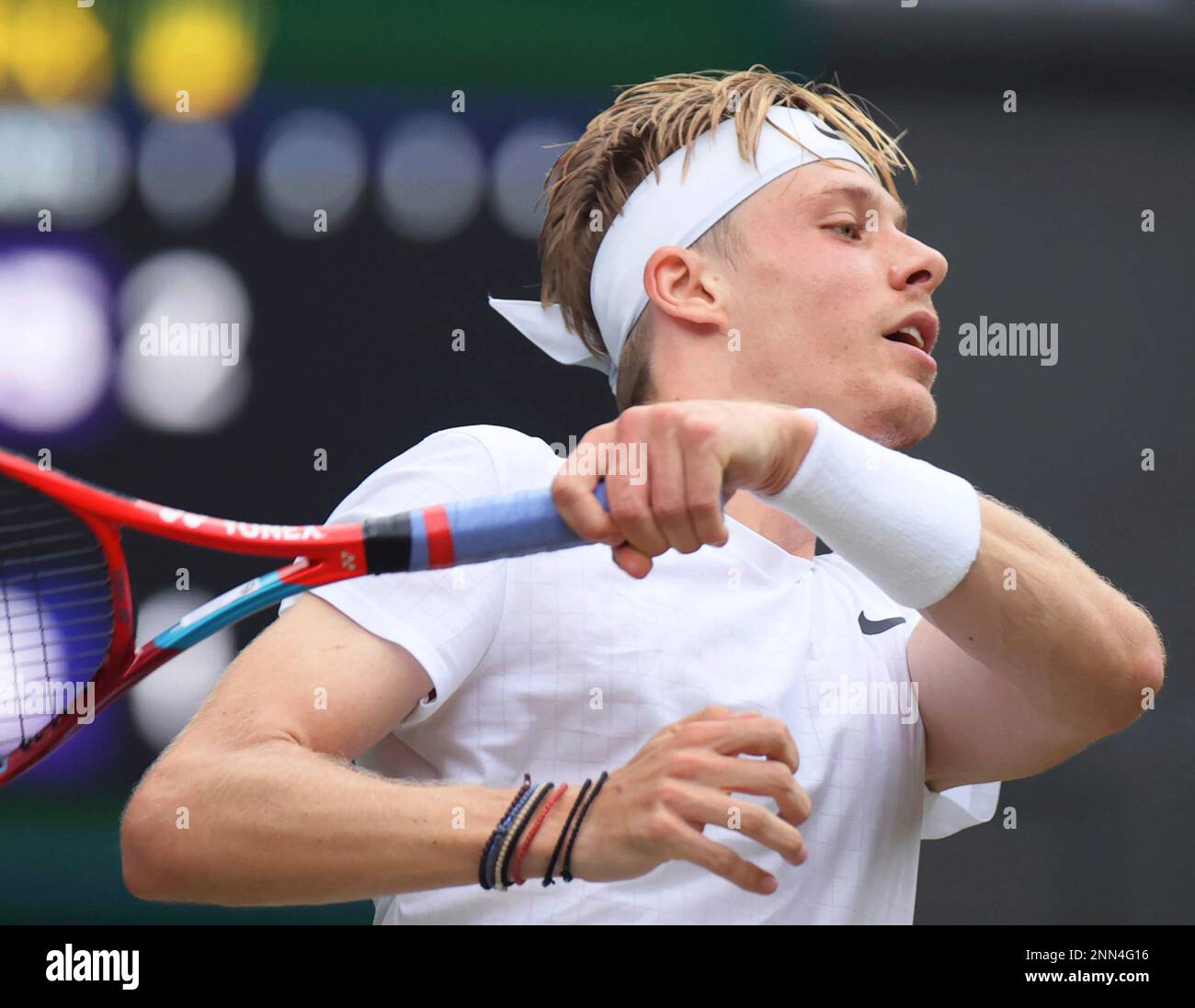 Denis Shapovalov of Canada hits a ball during the Mens singles third round of the Championships, Wimbledon against Andy Murry of United Kingdom at the All England Lawn Tennis and Croquet Club