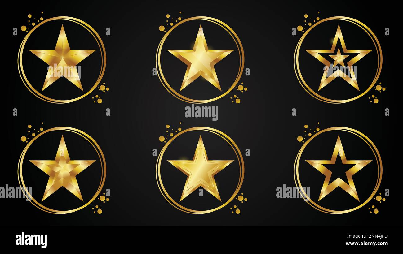 Set of golden stars with gold circle ring vector illustration isolated