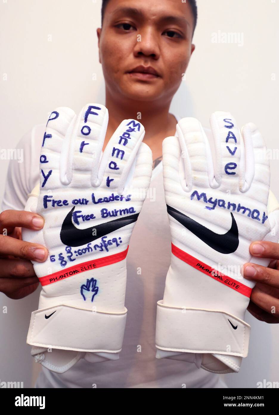 Pyae Lyan Aung, Myanmar national football substitute goalkeeper, shows