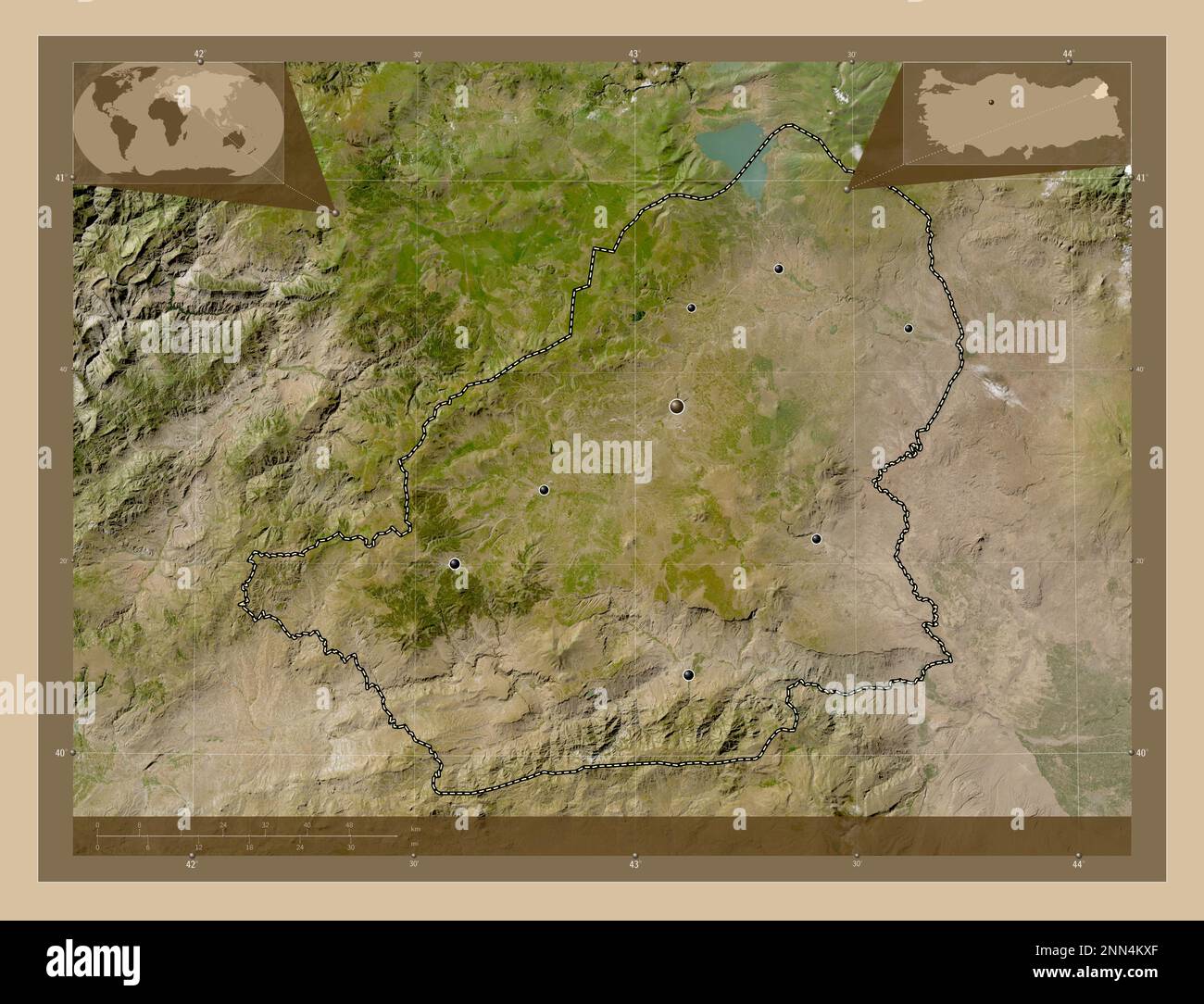 Kars Region Kars, province of Turkiye. Low resolution satellite map. Locations of ...