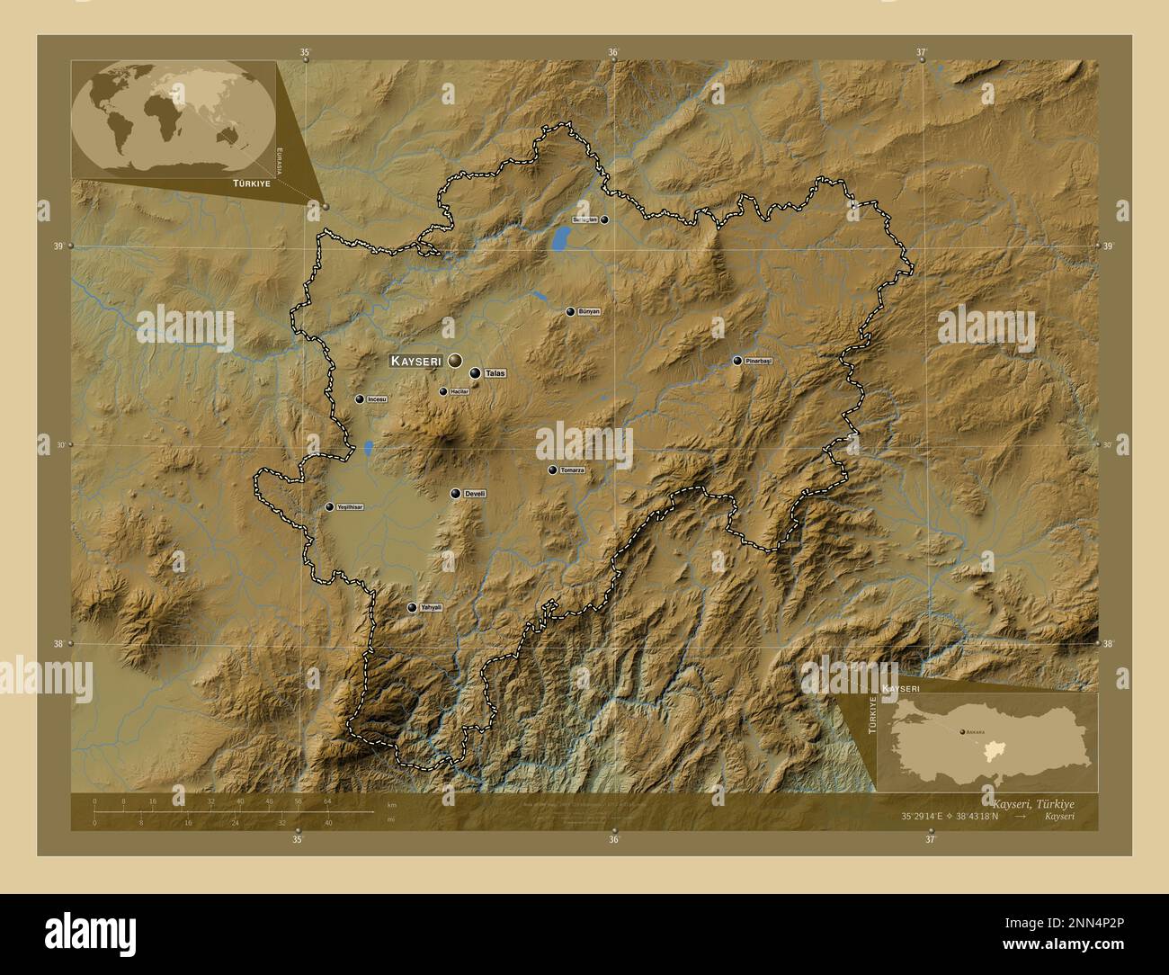 Kayseri, province of Turkiye. Colored elevation map with lakes and