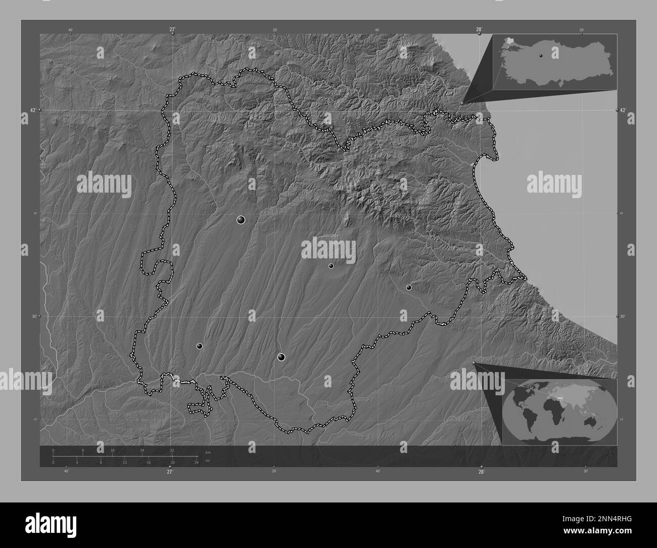 Rhg Map Kirklareli, province of Turkiye. Bilevel elevation map with lakes and ...