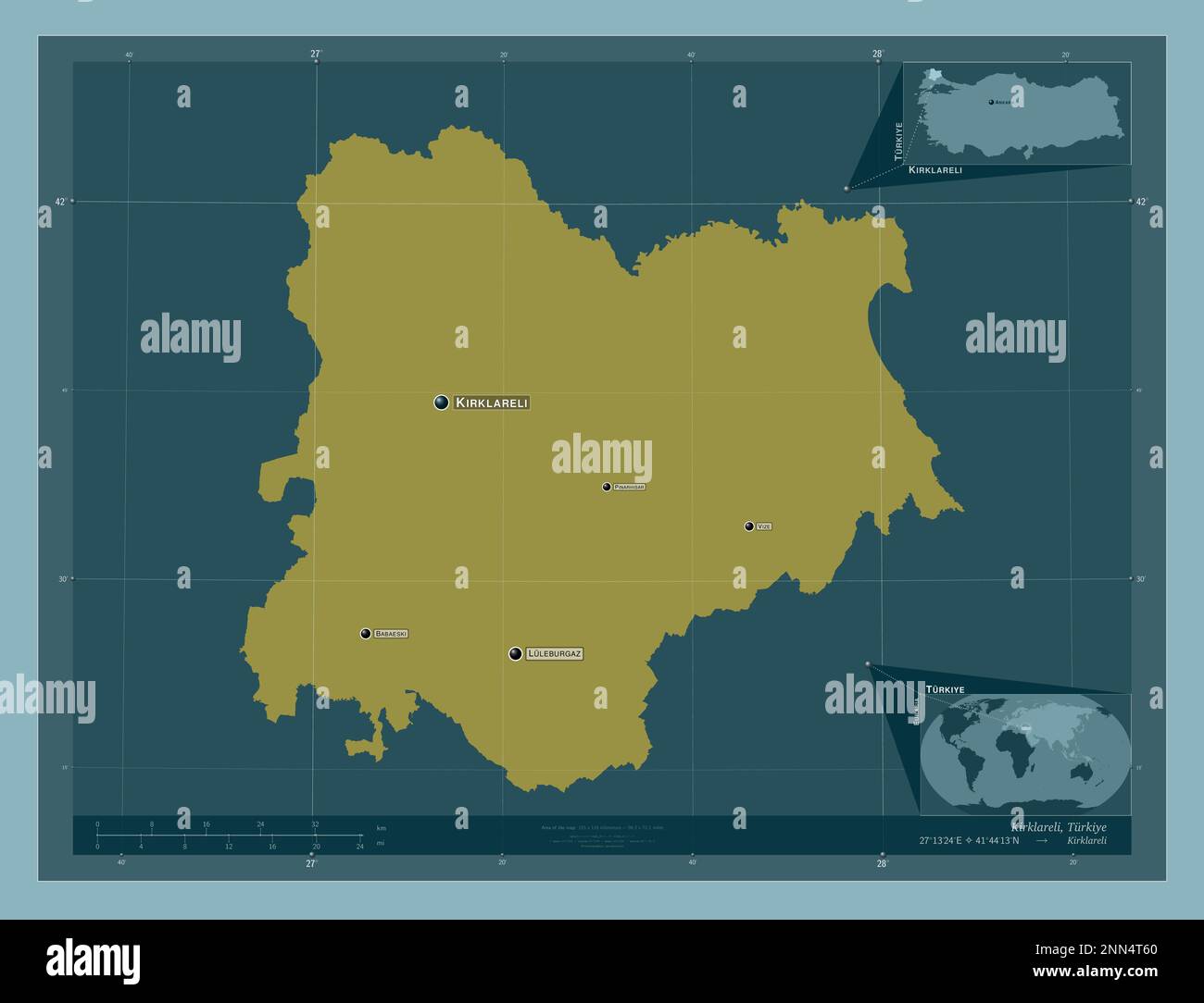 Kirklareli, province of Turkiye. Solid color shape. Locations and names