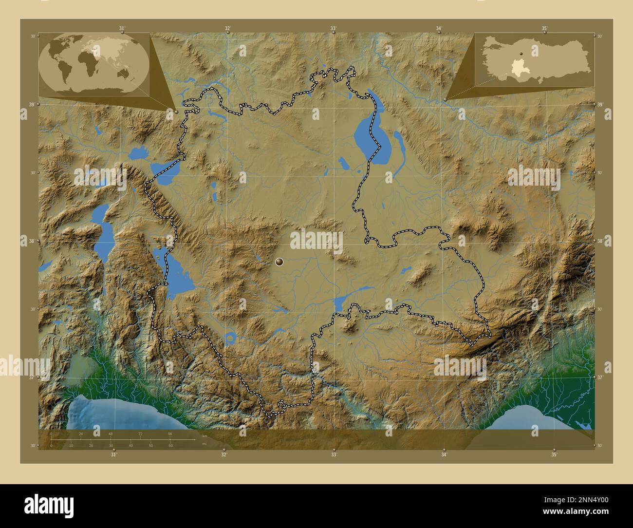 Turkiye Rivers Konya, province of Turkiye. Colored elevation map with lakes and rivers ...
