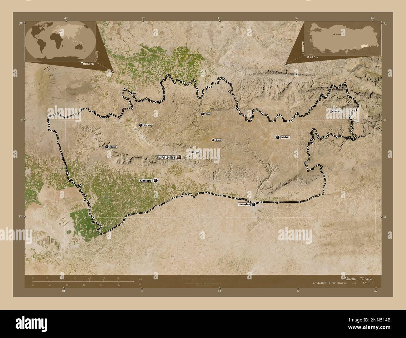 Mardin, province of Turkiye. Low resolution satellite map. Locations and names of major cities of the region. Corner auxiliary location maps Stock Photo