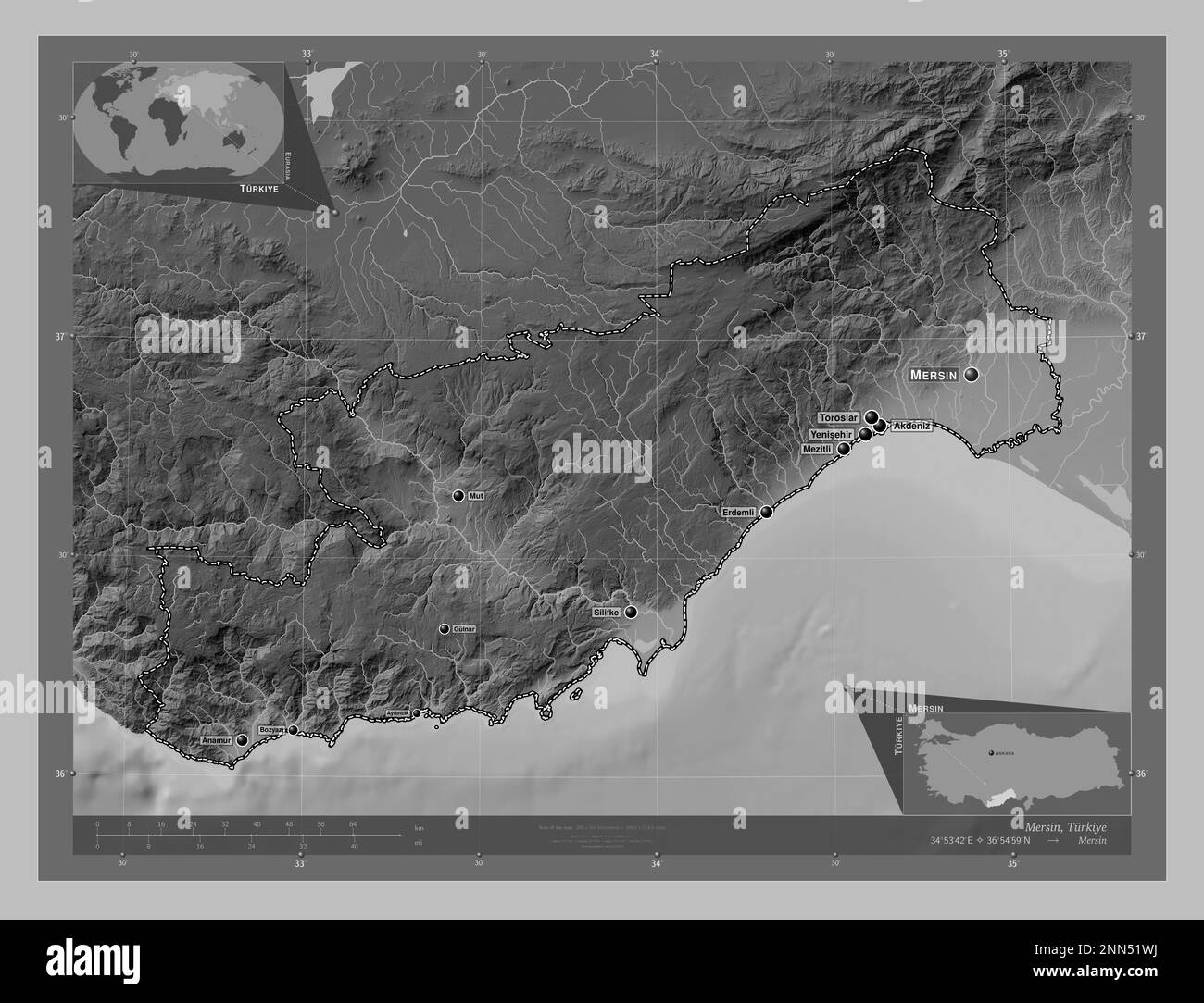 Mersin, province of Turkiye. Grayscale elevation map with lakes and rivers. Locations and names of major cities of the region. Corner auxiliary locati Stock Photo