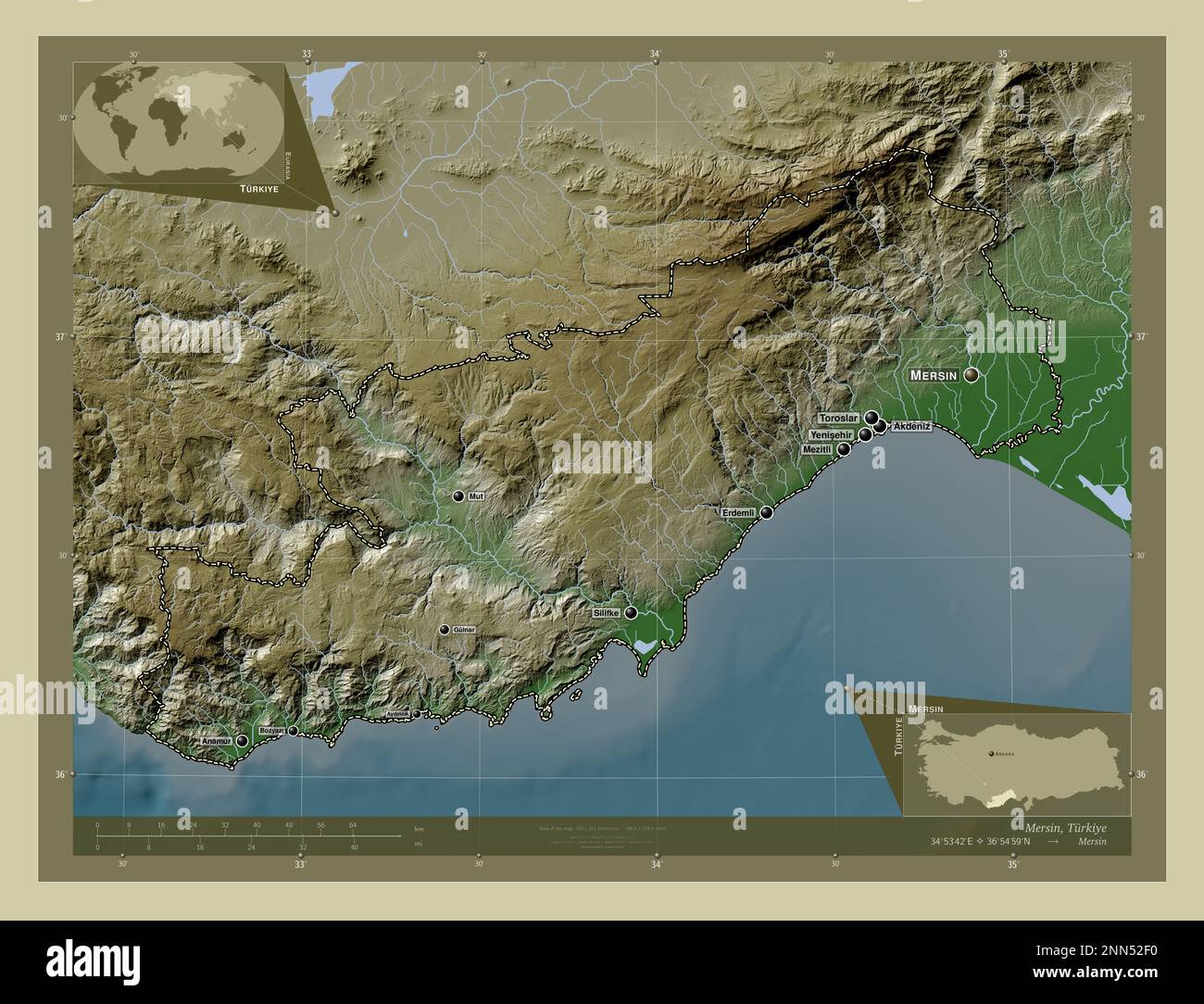 Mersin, province of Turkiye. Elevation map colored in wiki style with ...