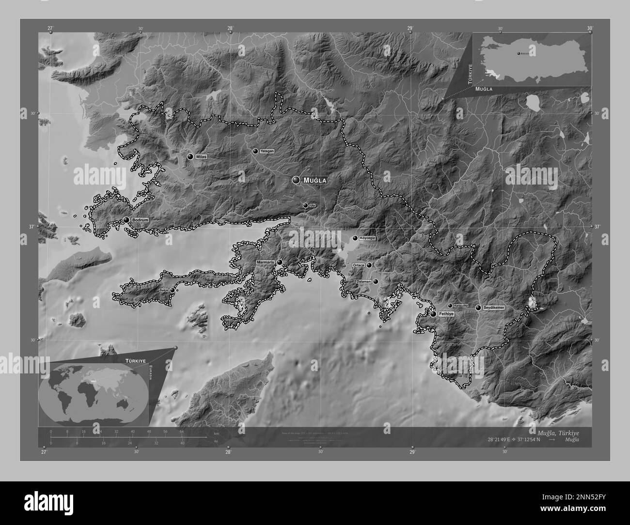 Mugla, province of Turkiye. Grayscale elevation map with lakes and