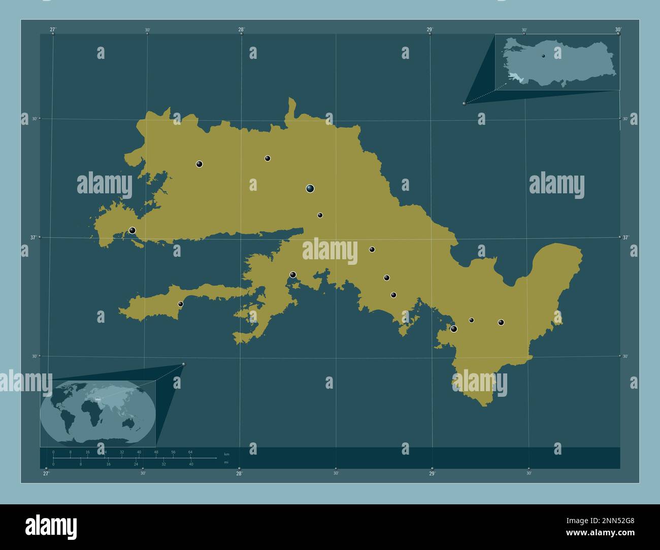 Mugla, province of Turkiye. Solid color shape. Locations of major