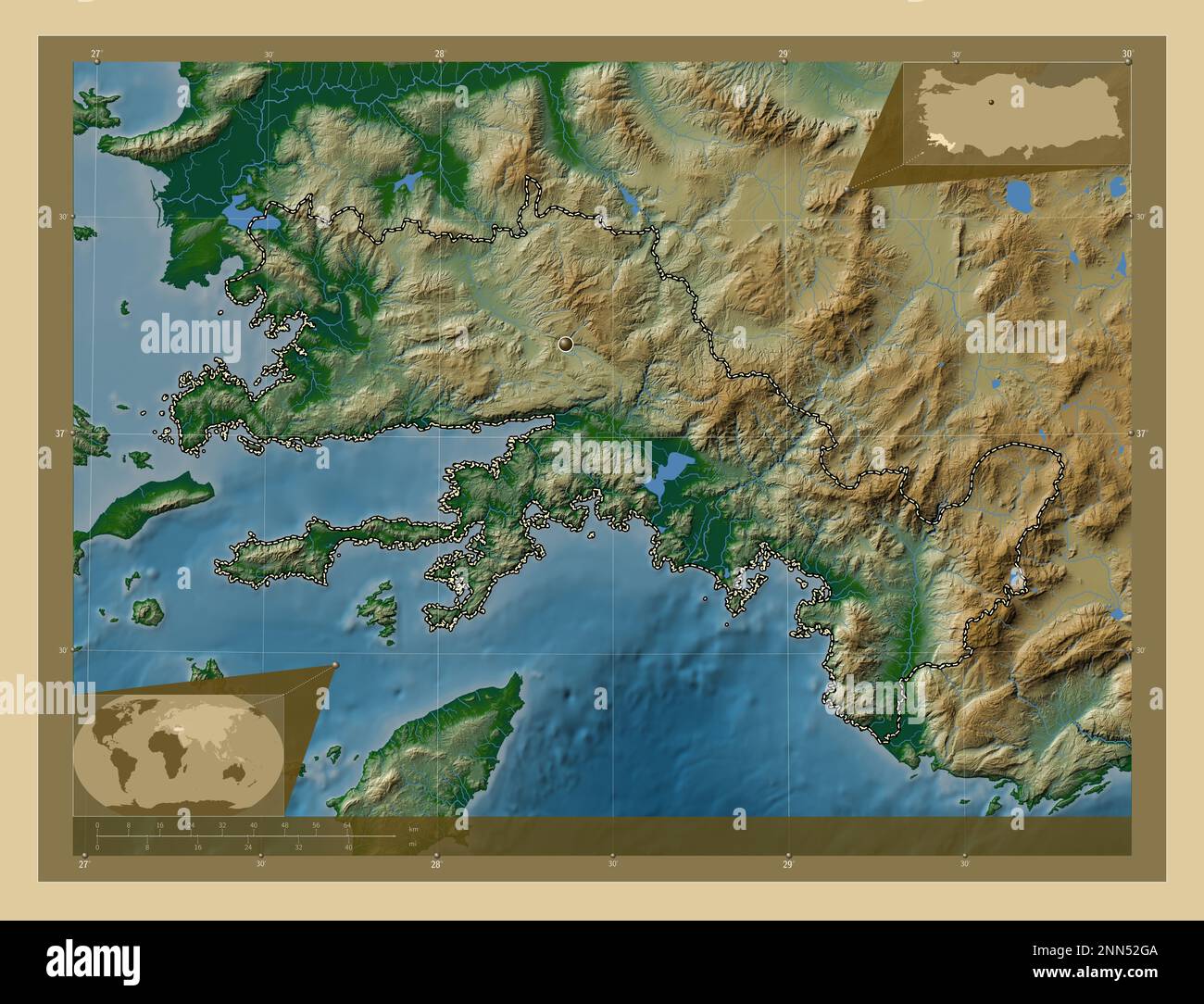 Mugla, province of Turkiye. Colored elevation map with lakes and rivers