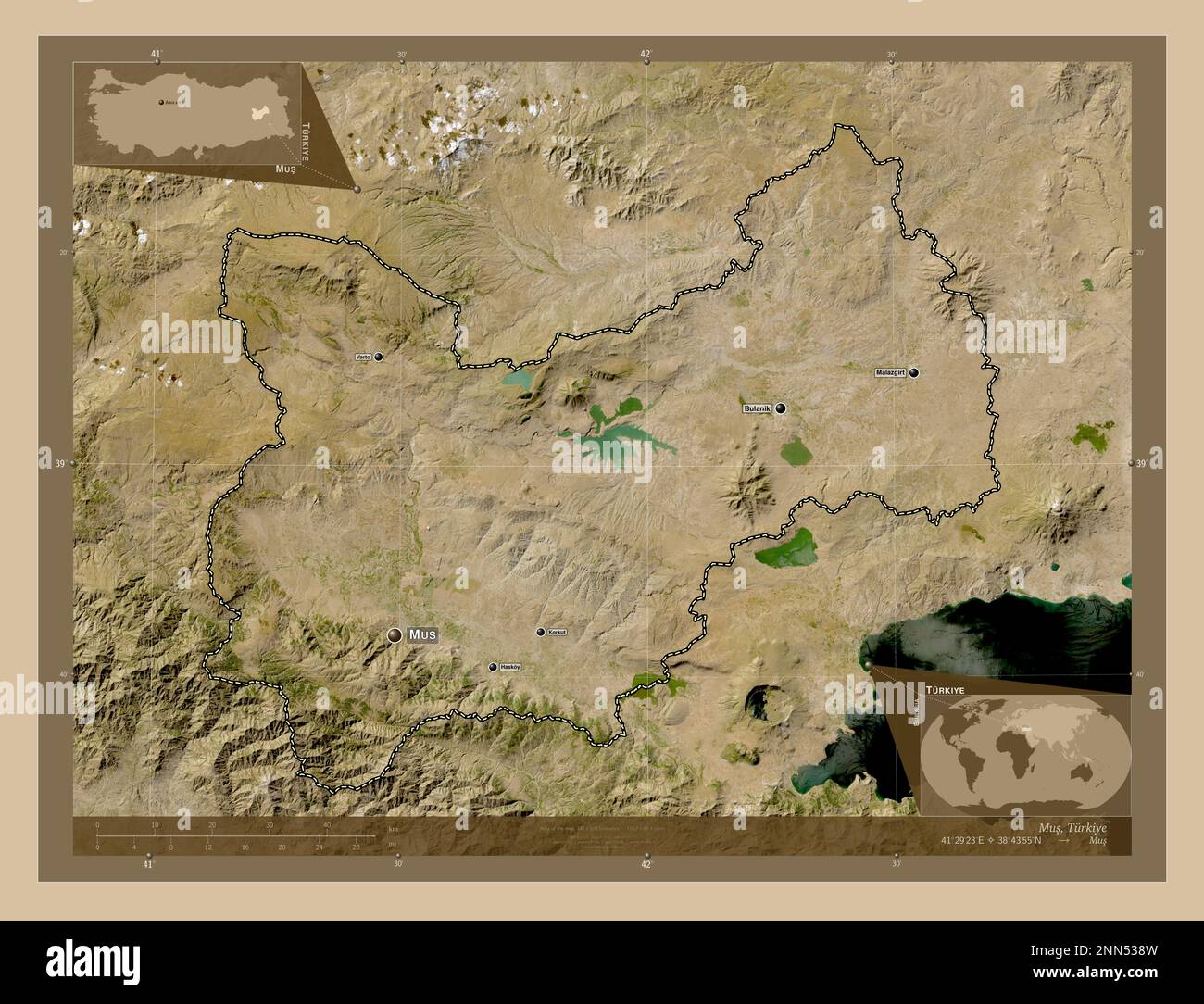 Mus, province of Turkiye. Low resolution satellite map. Locations and ...