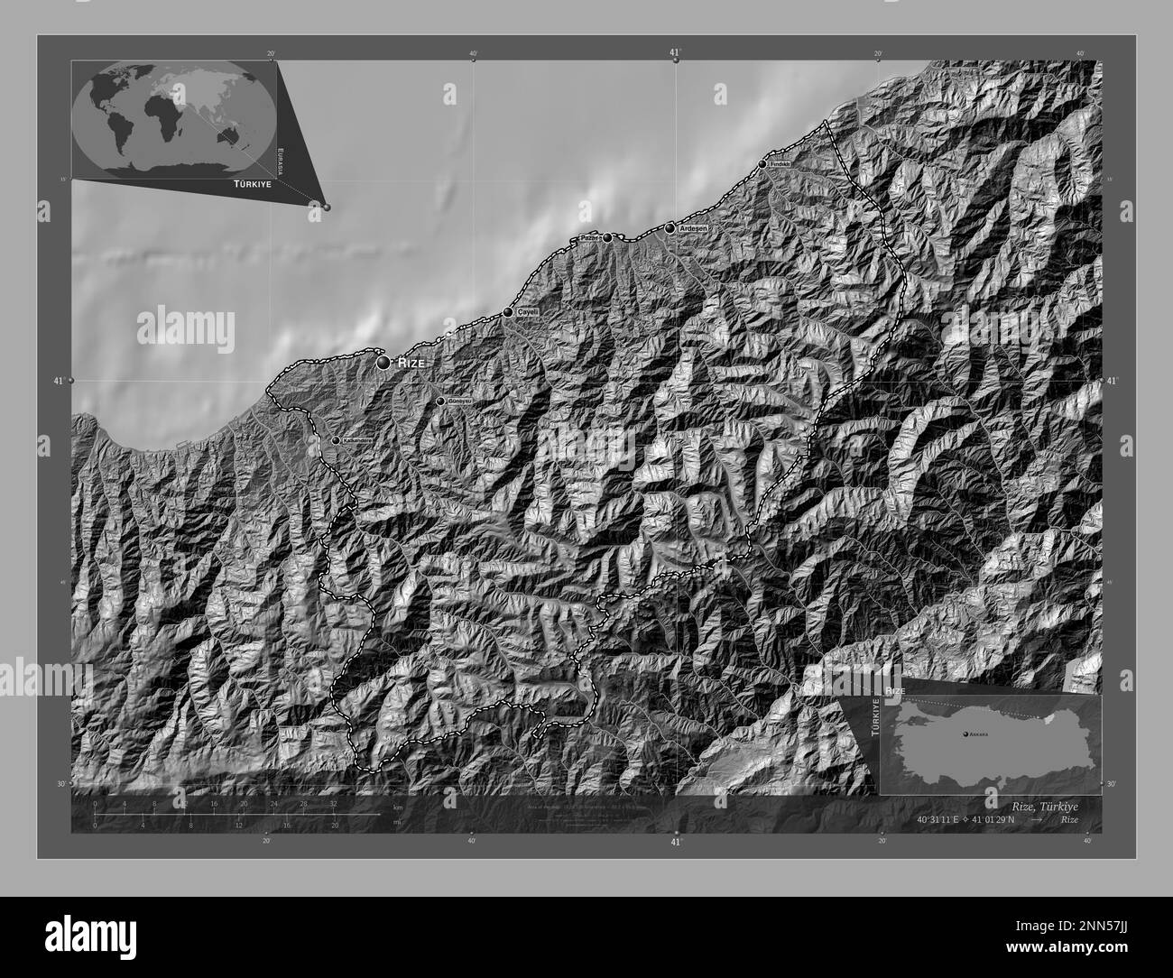 Rize, province of Turkiye. Bilevel elevation map with lakes and rivers